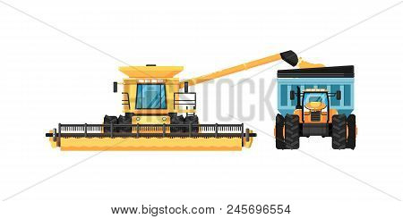 Agriculture Combine Harvester With Tractor Isolatedillustration. Rural Industrial Farm Equipment Mac