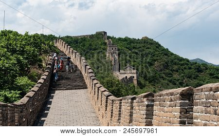 Mutianyu, Beijing, China -  June 7 2018: Tourist People Walking At The Famous Great Wall Of China, O