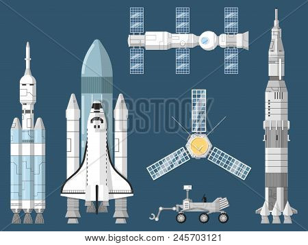 Astronautics And Space Technology Isolated Set. Space Shuttle, Cosmic Rocket, Spaceship, Orbital Sat