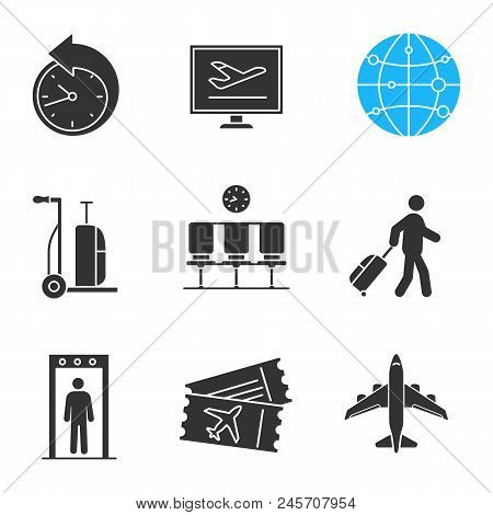 Airport Service Glyph Icons Set. Reschedule, Online Booking, Route, Baggage Cart, Waiting Hall, Pass
