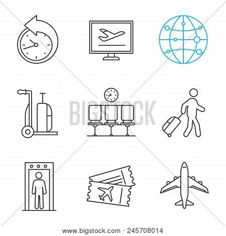 Airport Linear Icons Set. Reschedule, Online Booking, Route, Baggage Cart, Waiting Hall, Passenger, 