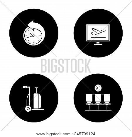 Airport Service Glyph Icons Set. Reschedule, Flights Schedule, Luggage Cart, Waiting Hall. Vector Wh