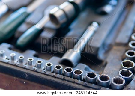 Box With Set Of Tools For Car Repair, Closeup.