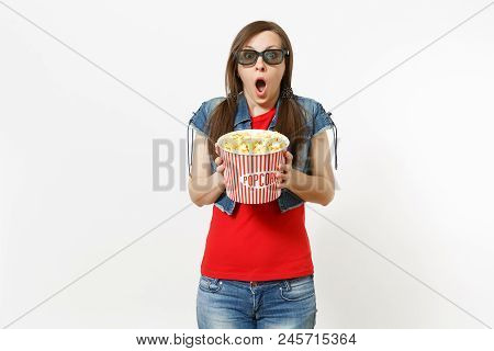 Portrait Of Young Shocked Attractive Brunette Woman In 3d Glasses And Casual Clothes Watching Movie 