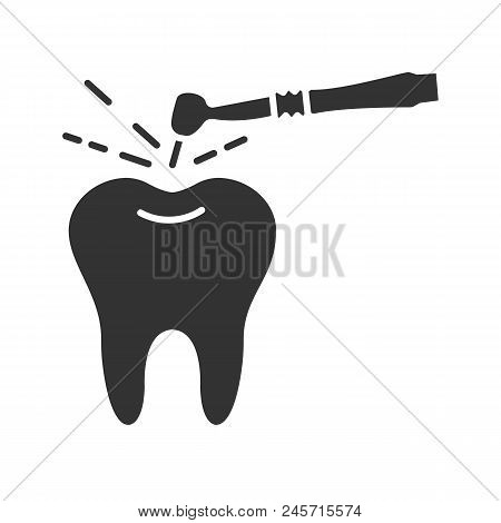 Tooth Drilling Process Glyph Icon. Silhouette Symbol. Dentistry. Dental Handpiece. Negative Space. V