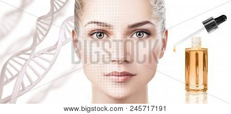 Cosmetic Primer Oil Applying On Woman Face Over Dna Background. Beauty Therapy Concept.