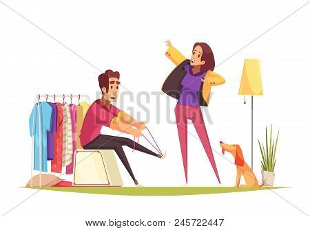 Man And Woman Getting Dressed And Going To Walk With Dog In Morning Cartoon Vector Illustration
