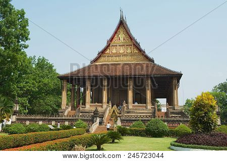 Vientiane, Laos - April 23, 2012: Unidentified People Visit  Haw Phra Kaew Building In Vientiane, La
