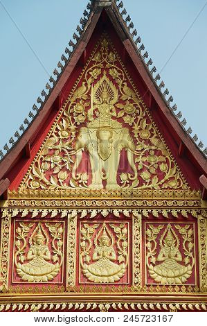 Vientiane, Laos - April 23, 2012: Exterior Wall Gold Painted Decoration Of The Haw Phra Kaew Buildin