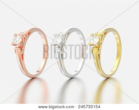 3d Illustration Three Yellow Rose And White Gold Or Silver Solitaire Wedding Diamond Rings With Hear