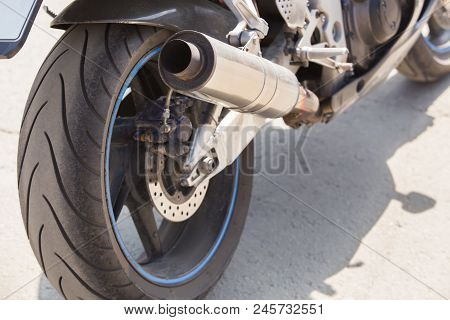 Powerful Motorcycle Exhaust Pipes Muffler Closeup Photo