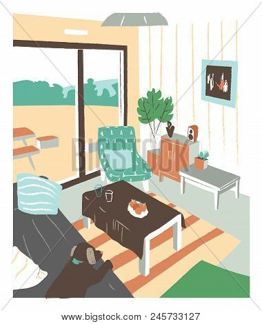Stylish Interior Of Living Room Or Salon Full Of Cozy Furniture And Home Decorations - Sofa, Coffee 