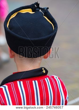 Urk, Netherlands - May 19, 2018: Unknown Boy Wearing Traditional Costume With Hat On The Urkerdays. 