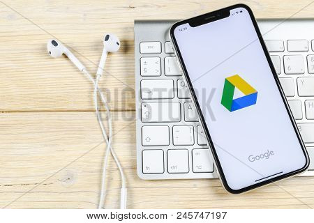 Sankt-petersburg, Russia, June 2, 2018: Google Drive Application Icon On Apple Iphone X Screen Close