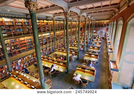 Stockholm, Sweden - Jun 14, 2018: Great Book Collections And Reading People Inside The National Libr
