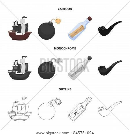 Pirate, Bandit, Ship, Sail .pirates Set Collection Icons In Cartoon, Outline, Monochrome Style Vecto