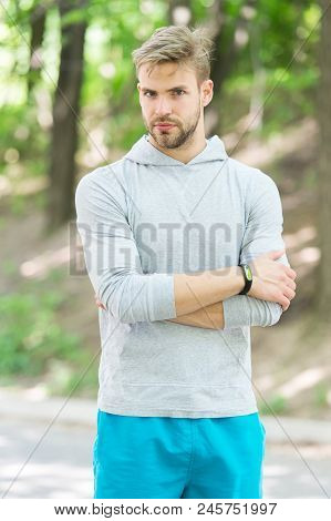 Confident Sportsman. Runner Workout Outdoor In Park. Man Athlete With Smart Watch Running Outdoor, N