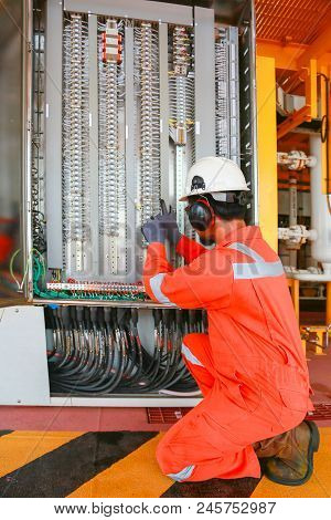Electrical Terminal In Junction Box And Service By Technician. Electrical Device Install In Control 