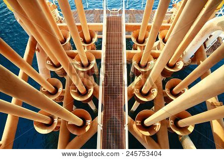 Offshore Construction Platform For Production Oil And Gas. Oil And Gas Industry And Hard Work. Produ