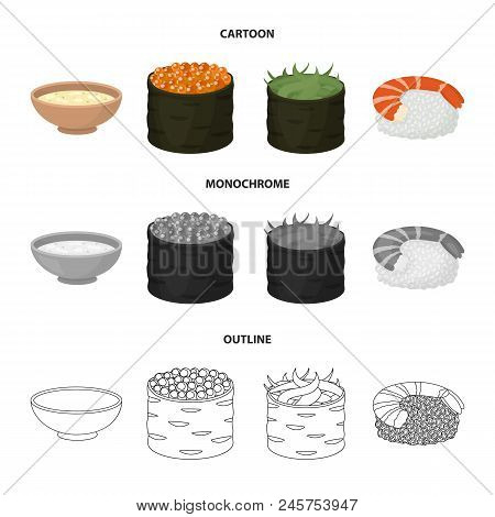 Bowl Of Soup, Caviar, Shrimp With Rice. Sushi Set Collection Icons In Cartoon, Outline, Monochrome S