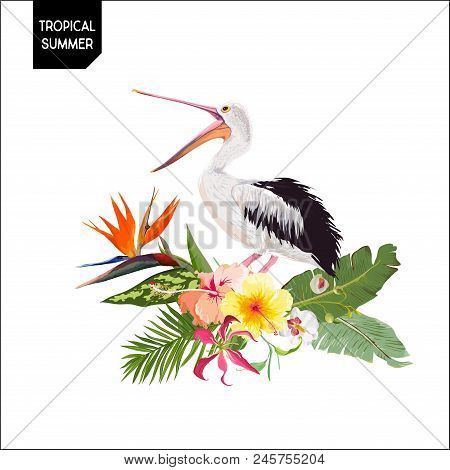 Tropical Summer Design With Pelican Bird And Exotic Flowers. Waterbird With Tropic Plants And Palm L