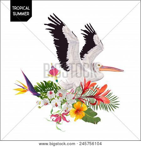 Tropical Summer Design With Flying Pelican Bird And Exotic Flowers. Waterbird With Tropic Plants And