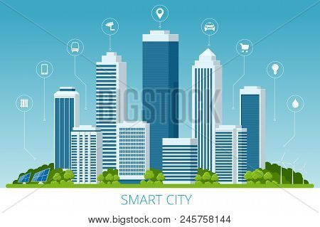 Flat Vector Smart City And Communication Network. Wifi, Internet, Communication, Travel, Computer An
