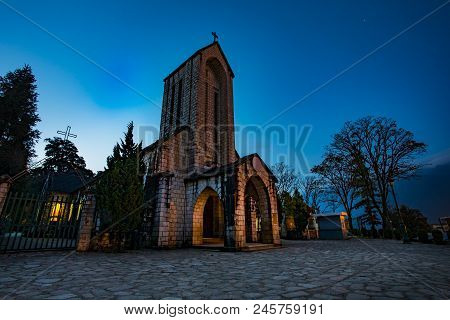Ancient Stone Church Of Sapa With Blue Night Sky Most Popular Traveling Destination In Sapa Norhtern