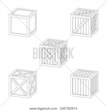 Wooden Box Set. Isolated On White Background. Vector Outline Illustration. Dimetric View.