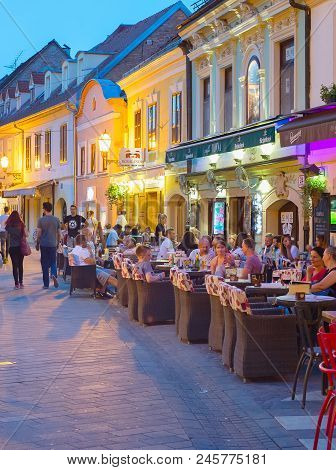 Zagreb, Croatia - Aug 25, 2017: Locals And Tourists At The Restaurants At Ivana Racica Street. Zagre