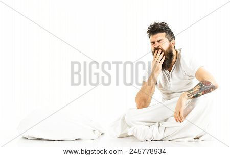 Man Exhausted, Needs Relax, Rest, Nap, Copy Space. Sleepy Yawning Concept. Sleepy Bearded Man On Whi