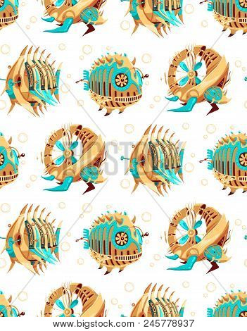 Pattern Of Two Robot-fishes And A Robot-turtle With Yellow And Turquoise Metal Parts And Propellers.