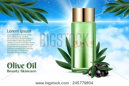 Bottles Cosmetic Organics Natural Skin Care. Black Olive Branch. Design Placard Banners. Shining Gre