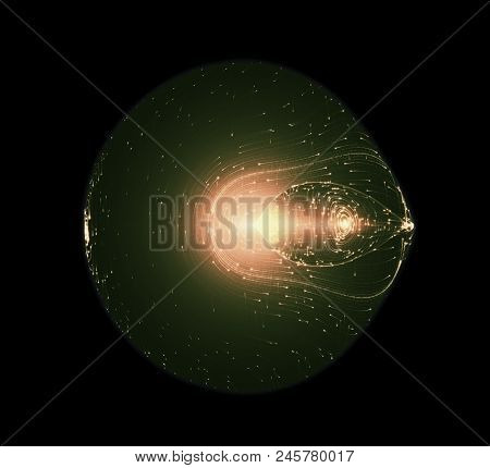 Light Beams Flowing Around The Edge Of A Circular Shaped Futuristic Spaceship. Quantum Mechanics, An