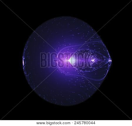 Light Beams Flowing Around The Edge Of A Circulal Shaped Futuristic Spaceship. Quantum Mechanics, An