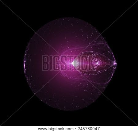 Light Beams Flowing Around The Edge Of A Circular Shaped Futuristic Spaceship. Quantum Mechanics, An