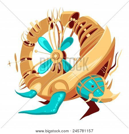 Robot-turtle With Yellow And Turquoise Metal Parts And A Propeller. Donut Shaped Hollow Turtle Robot