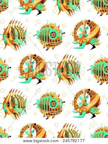 Pattern Of Two Robot-fishes And A Robot-turtle With Yellow And Turquoise Metal Parts And Propellers.