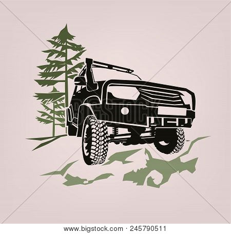 Off-road Car. Off-roading Suv Adventure, Extreme Competition Emblem And Car Club Element. Beautiful 