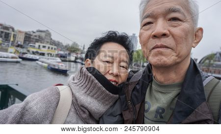 Asian Senior Couple Selfie Happy Retirment Trip To Europe