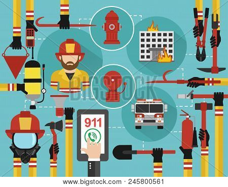 Fire Fighting Infographic Concept Flat Online Call .vector Illustration