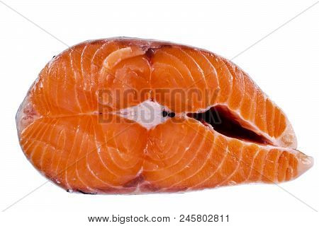 Fresh Salmon Steak Isolated On The White Background. Salmon Red Fish Steak. Large Pile Of Trout Stea