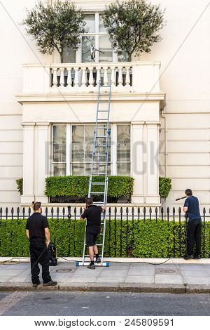 London. May 2018. A View Of Workmen Cleaning An Affluent And Expensive Home In Belgravia In London
