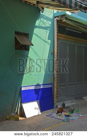 Caged Chickens On A Street In The Tran Hung Dao Alleys In District 1, Saigon, Vietnam