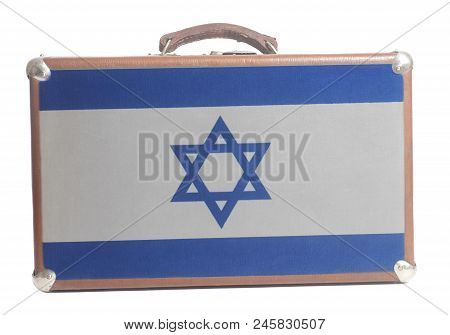 Vintage Travel Suitcase With Flag Of Israel Isolated On A White Background