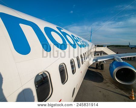 Moscow, Russia - April 19, 2018: Aircraft budget Russian airline's Pobeda before taking off at day time in Vnukovo airport