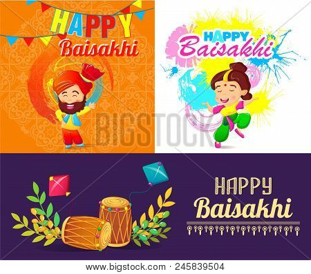 Baisakhi Festival Harvest Bhangra Banner Concept Set. Cartoon Illustration Of 3 Baisakhi Festival Ha