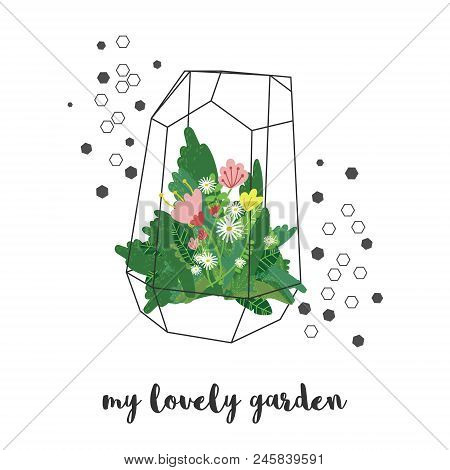 Vector Black Geometric Florarium Vase With Different Plants And Flowers Surrounded By Black Hexagons