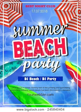 Summer Beach Party Template, Banner Or Flyer Design With Illustration On Glossy Background.