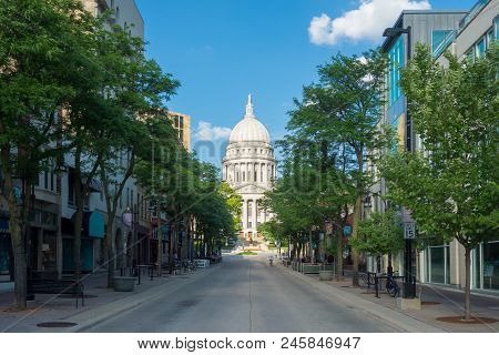 Wisconsin State Capitol Building In A Street Scene In Madison, Wisconsin
